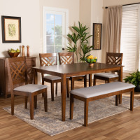 Baxton Studio RH317C-Grey/Walnut-6PC Dining Set Gustavo Modern and Contemporary Grey Fabric Upholstered and Walnut Brown Finished Wood 6-Piece Dining Set